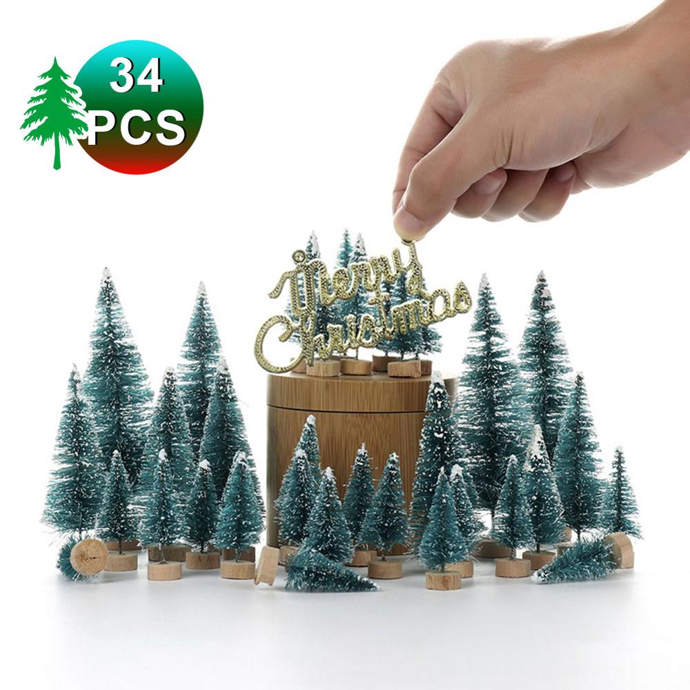 34pcs DIY Mini Christmas Tree Snow Frost Small Pine Tree Craft Desktop Decoration Christmas Tree Ornaments