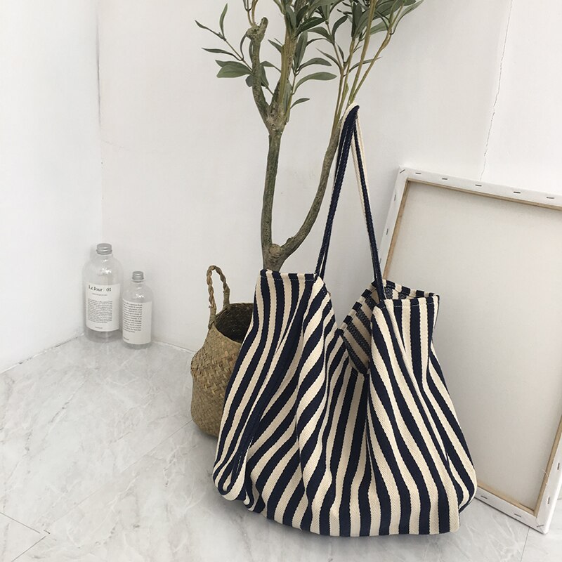 Bag Female Spring and Summer Large Capacity Canvas Bag Pinstripe Shoulder Bag Shopping Bag Bolsas De Mujer