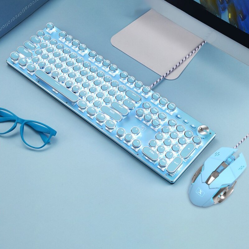 Retro Punk Mechanical Lipstick Metal Keyboard Mouse Set Round Key for Laptop Desktop Computer Keyboard Accessories
