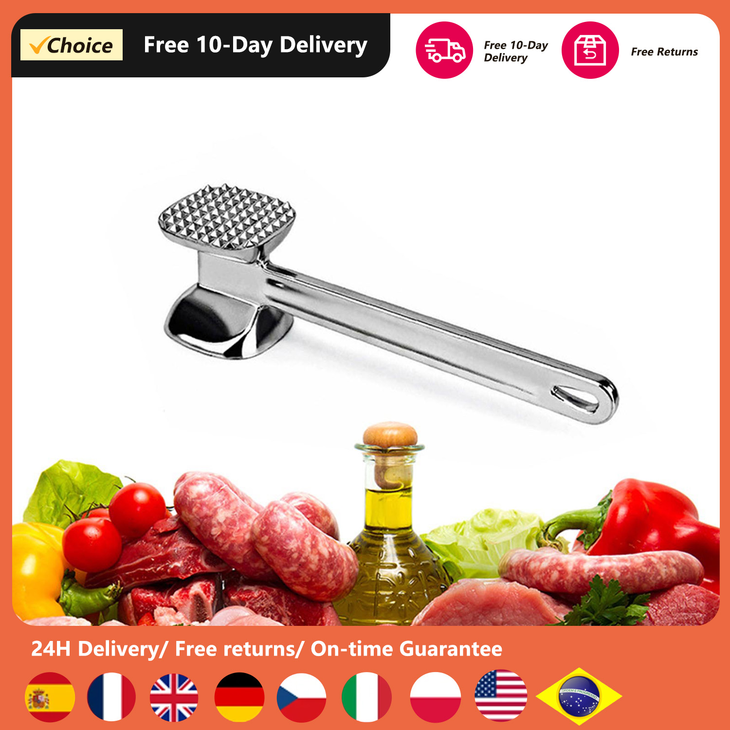 Meat Tenderizer Hammer Tool Dual-Sided Nails Meat Mallet Meat Hammer for Steak Chicken Fish Meat Pounder W/ Rubber Comfort Grip