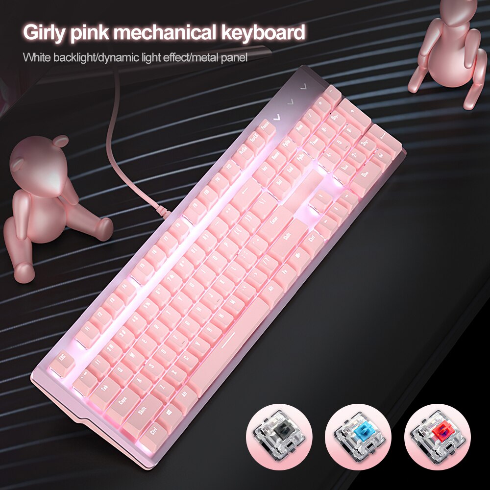 Cute Pink Gaming Mechanical keyboard Wired computer Keyboard 104key USB Interface White Backlight Suitable for Gamers PC Laptops