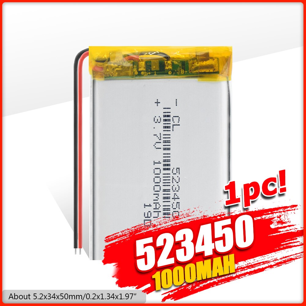 Batería Lipo para MP3 y MP4, recargable vía Baterías de polímero de litio, de 2/4 mAh, 523450 V, 1000mAh, duradera, de 3,7 mAh, 1/1000 Uds.