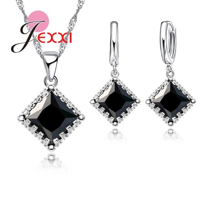 Top Sparkly Vierkante Zirconia Sieraden Set 925 Sterling Zilveren Ketting & Earring Sets Voor Vrouwen Huwelijkscadeau: black