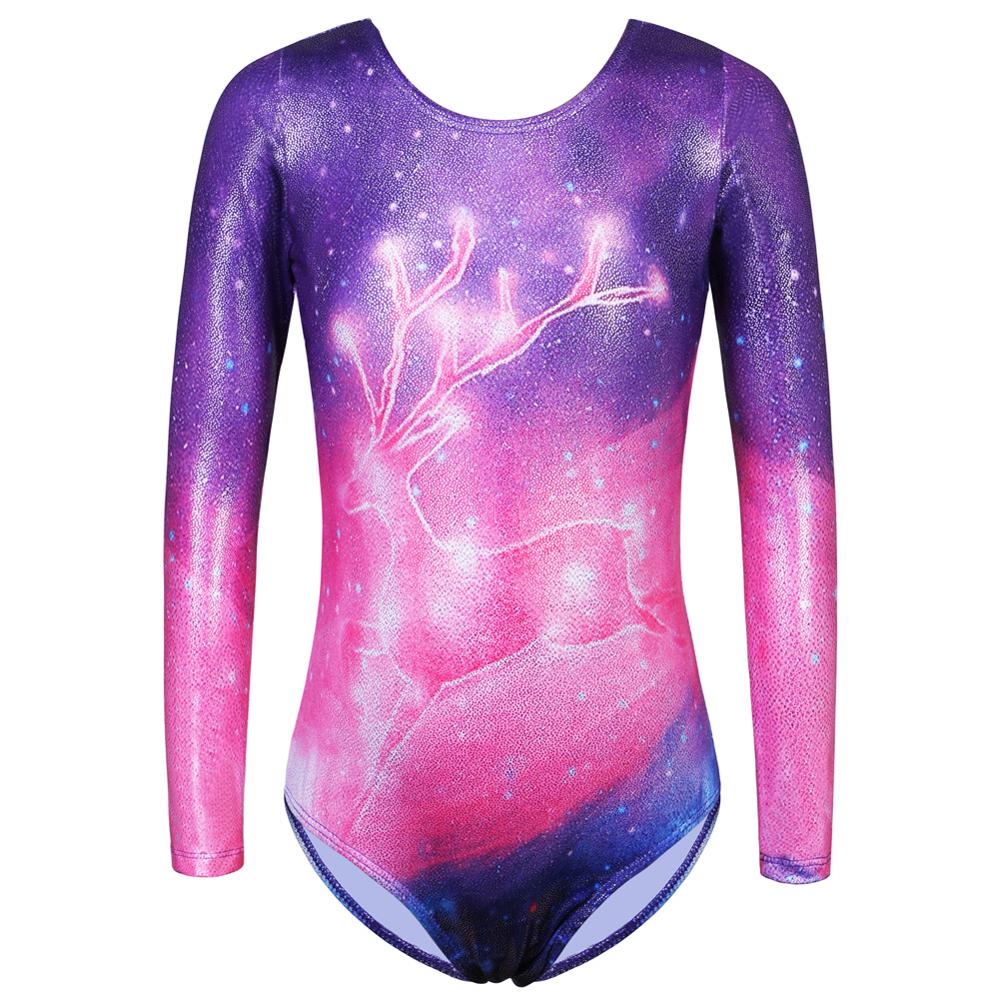 BAOHULU Ballet Newest Dance Leotard for Girls Long Sleeve Gymnastics Leotard Shiny Elk Print Ballerina Costume Tights