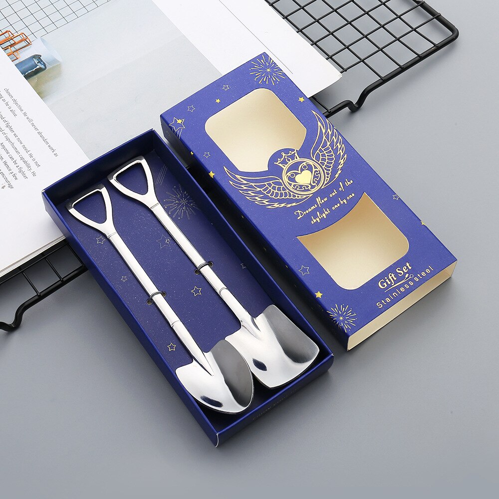 Beautifully packaged coffee spoon tea spoon stirring stainless steel spoon set watermelon dessert ice cream spoon: BLUE-2PC