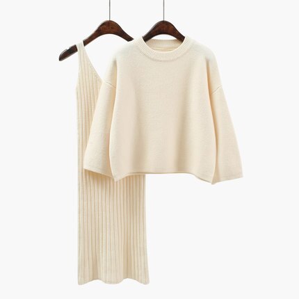 Losse Trui pak Vrouwen Mode tweedelige Jurk Effen kleur Trui Gebreide Jurk Ronde hals Mid lange Vrouwelijke Knit jurk DD856: milky