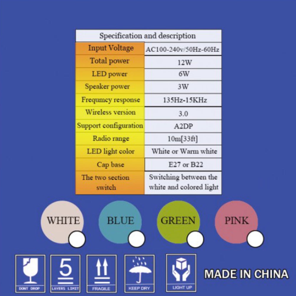 E27 Smart LED Bulb Bluetooth Music Playing With Remote Control AC85-265V