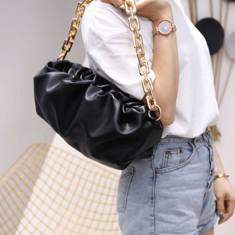 Caker merk dames grote pu leren tassen felle kleuren gerimpelde tassen zwarte ketting clutches tassen: Zwart