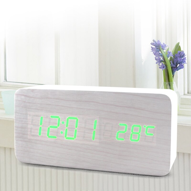 LED Intelligente Voice Control Wekker Met Thermometer, Houten Houten Klok, Digitale Horloge Klok, elektronische Klok En Kosten: White green light