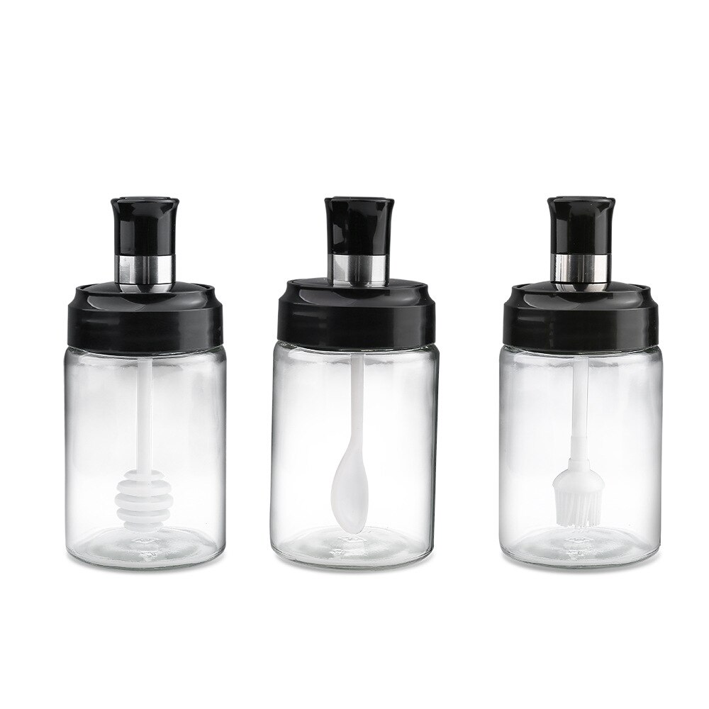 Frascos de vidrio para especias con bandeja, juego de agitadores de sal, azúcar y pimienta, organizador de condimentos con cuchara, utensilios de cocina creativos, 3 unids/set por juego: 3pcs