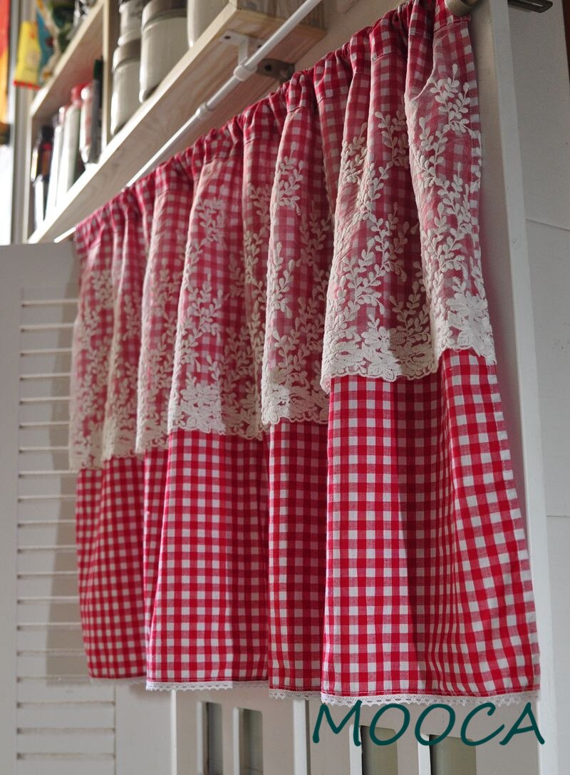 Red White Gingham Checkered Plaid curtain with lace short kitchen curtain
