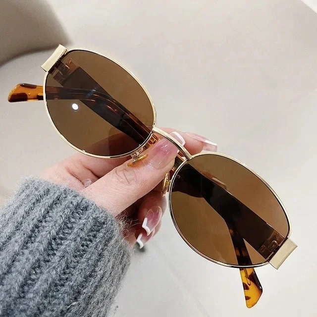 Gafas de sol ovaladas de para mujer 2024, gafas de sol con montura metálica de de de lujo, gafas de sol redondas clásicas Vintage para mujer, Unisex: Verde