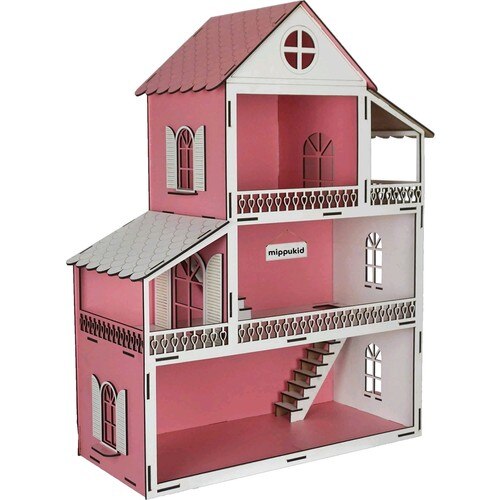 Mippukid træ legehus trelags træ møbleret pink