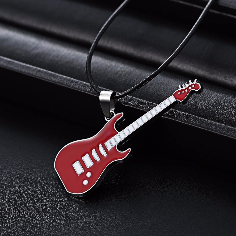 Rinhoo Trendy Lederen Ketting Gitaar Ketting Voor Mannen Punk Rock Muziek Sieraden Rvs Ketting Hanger