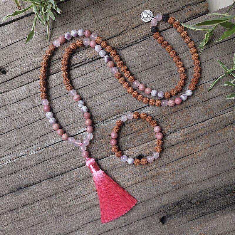 Perles en pierre naturelle 8mm, collier Rudraksha, pendentif bouddha, charmant Bracelet Rhodonite, ensembles JapaMala, spirituel, perles de Mala 108: Rouge-brun