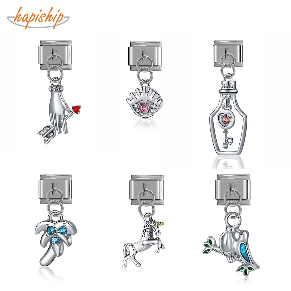 Hapiship Original Daisy Horse Tree Birds Hand Arrrw CZ Charm Fit 9mm Bracelet Stainless Steel Jewelry DIY Making DJTop38
