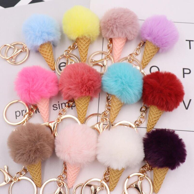 Cute ice cream Keychain Glitter Pompom Key Chain for Women Llaveros Mujer Car Bag Accessories Key Ring Wedding Souvenir: mix color