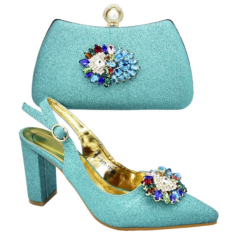 Ladies Italian Shoes and Bag Set Decorated with Rhinestone Italian Shoes and Bags Set Envio Gratis Matching Shoes and Bag Set: Teal / 9.5