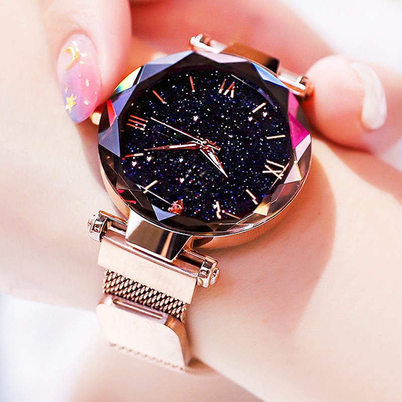 Womens Watch Femme Starry Sky Watches Stainless Steel Mesh Magnet Strap Quartz Watch for Sisters Girlfriend
