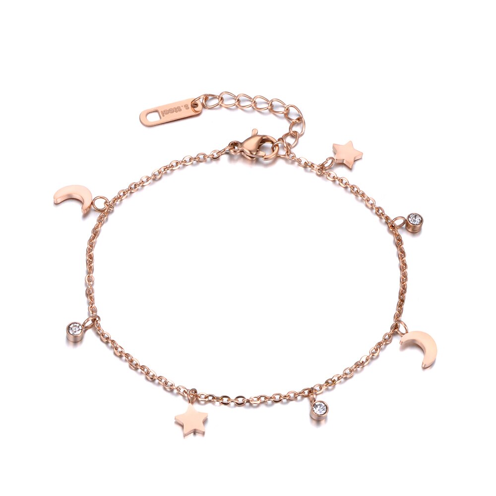 JeeMango Trendy Bracelet Moon & Star & CZ Crystals Rose Gold Color Stainless Steel Bracelet Link Chain Christmas JB18186: Rose Gold Color
