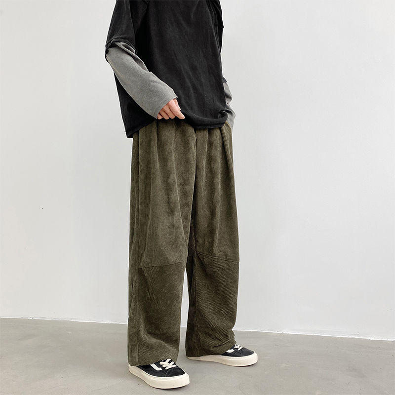 Efterår fløjlsbukser herre & #39 ;s retro afslappet snor lige bukser herre streetwear løse hip-hop plisserede bukser herre: Xxl / Militærgrøn