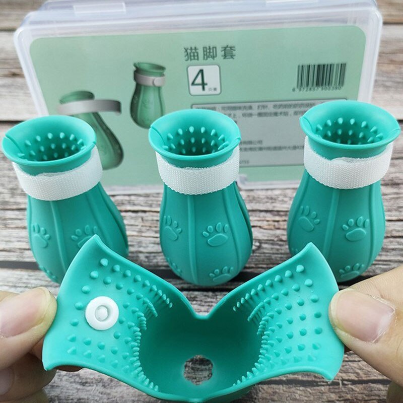 Siliconen Kat Voet Covers Grooming Supplies Baden Anti-Kras Schoen Katten Verstelbare Laarzen Bad Wassen Claw Paw Cover Protector: light blue