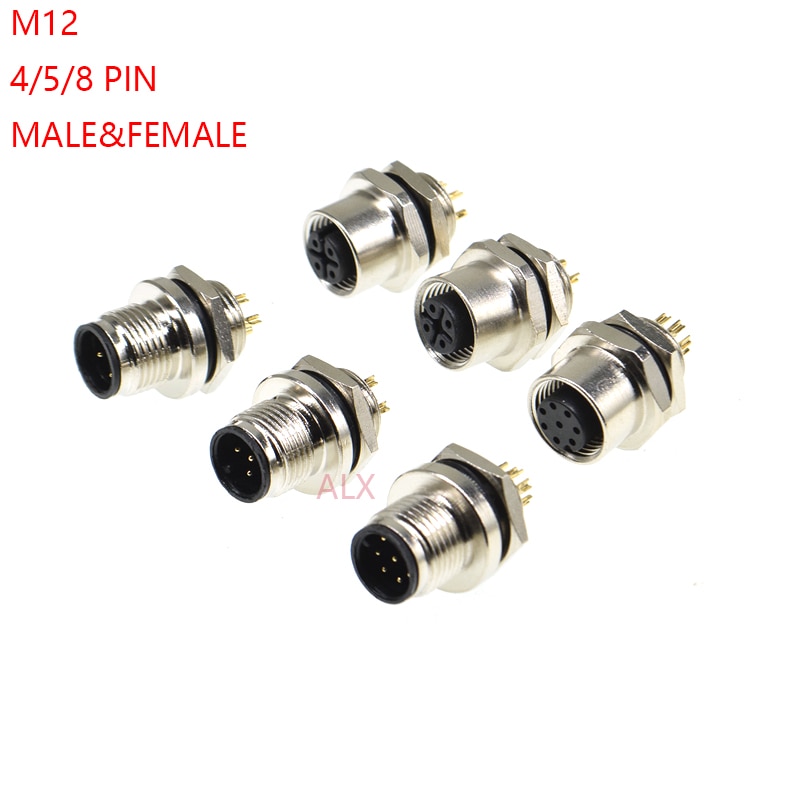 M12 waterproof sensor connector male &amp; female socket 4/5/8 pin panel back Mount wire cable connector Screw Threaded coupling