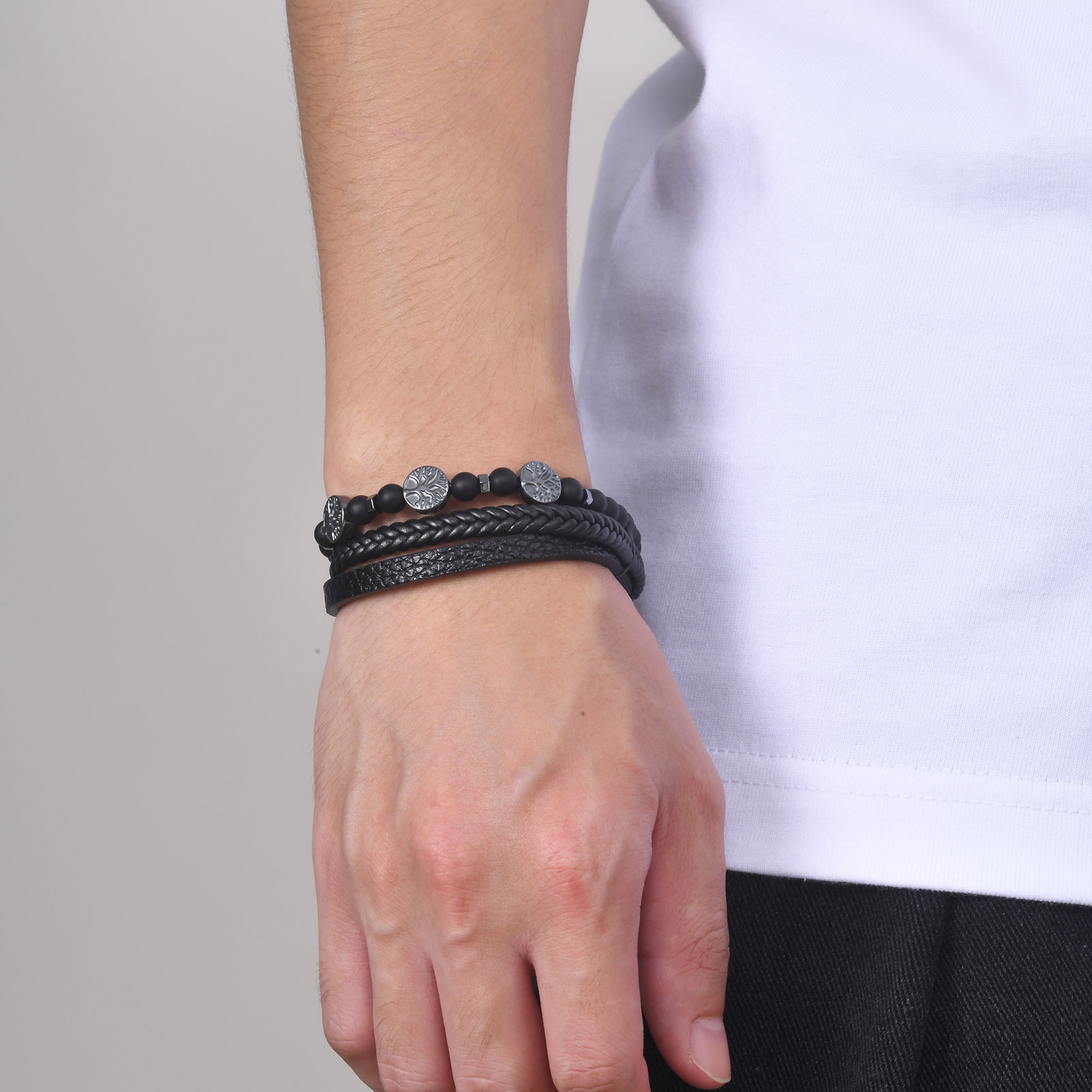 Vnox Retro Tree Of Life Armbanden Voor Mannen Vader Vader Bff, Zwart Gevlochten Leren Touwketting Multi-Lagen Polsband Cadeau Sieraden