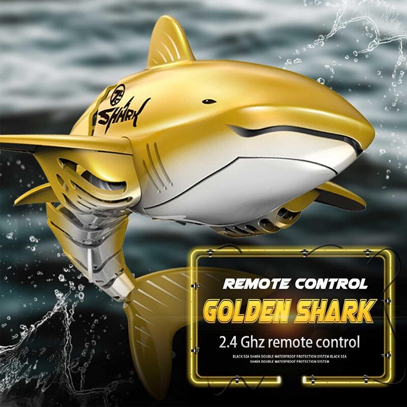 Barco tiburón dorado de 2,4G para niños, Robot de simulación, a prueba de agua, Control remoto electrónico, natación, tiburón, Juguetes