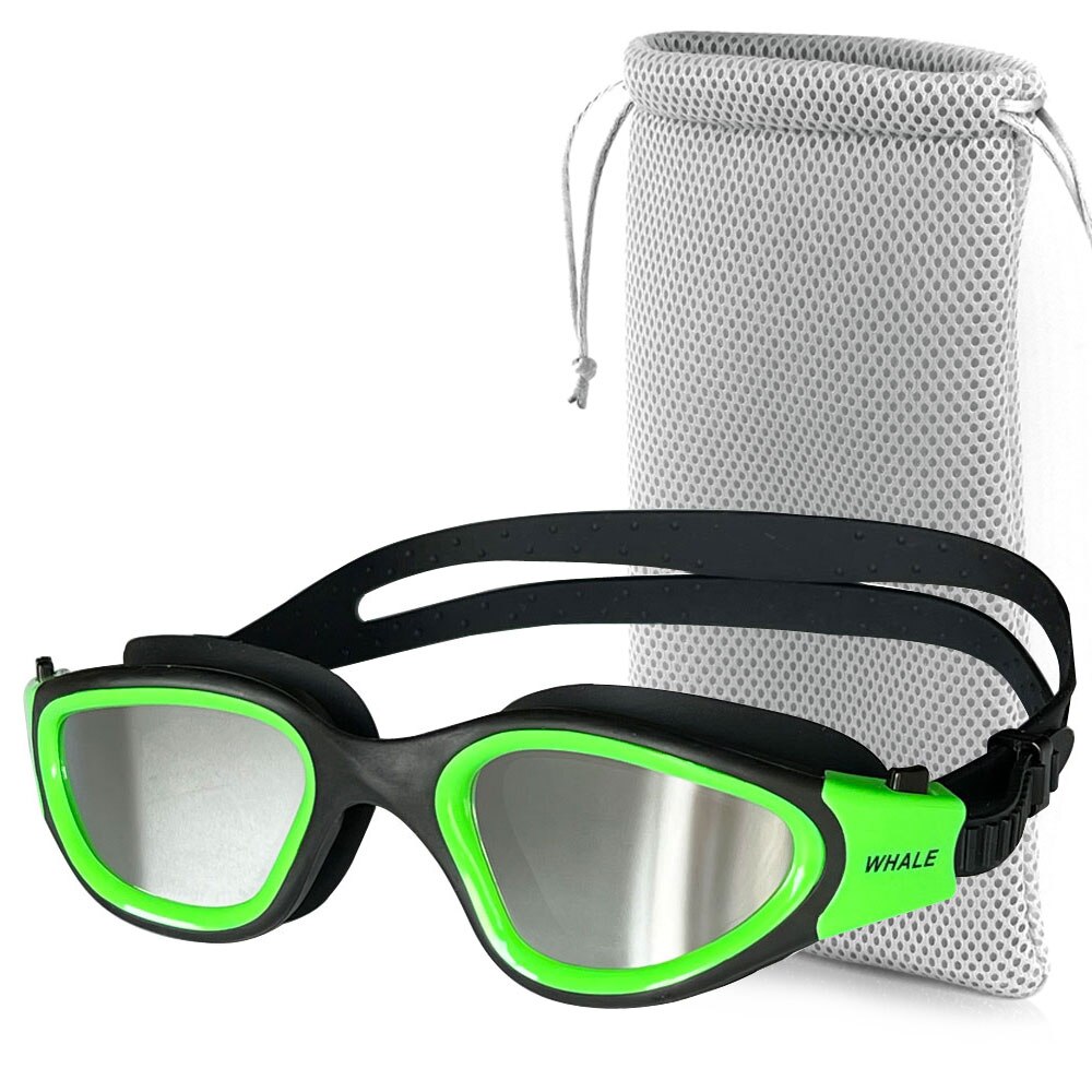Voksen anti-tåge uv beskyttelseslinse mænd kvinder svømningsbriller vandtæt justerbare silikone svømmebriller i poolen: Grøn med taske
