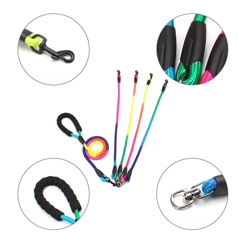 Rainbow Multi Honden Leash Nylon Afneembare Huisdier Lood Foam Handvat 1 Leash Voor 2 Of 3 Of 4 Honden ronde Trekkabel Hond Levert