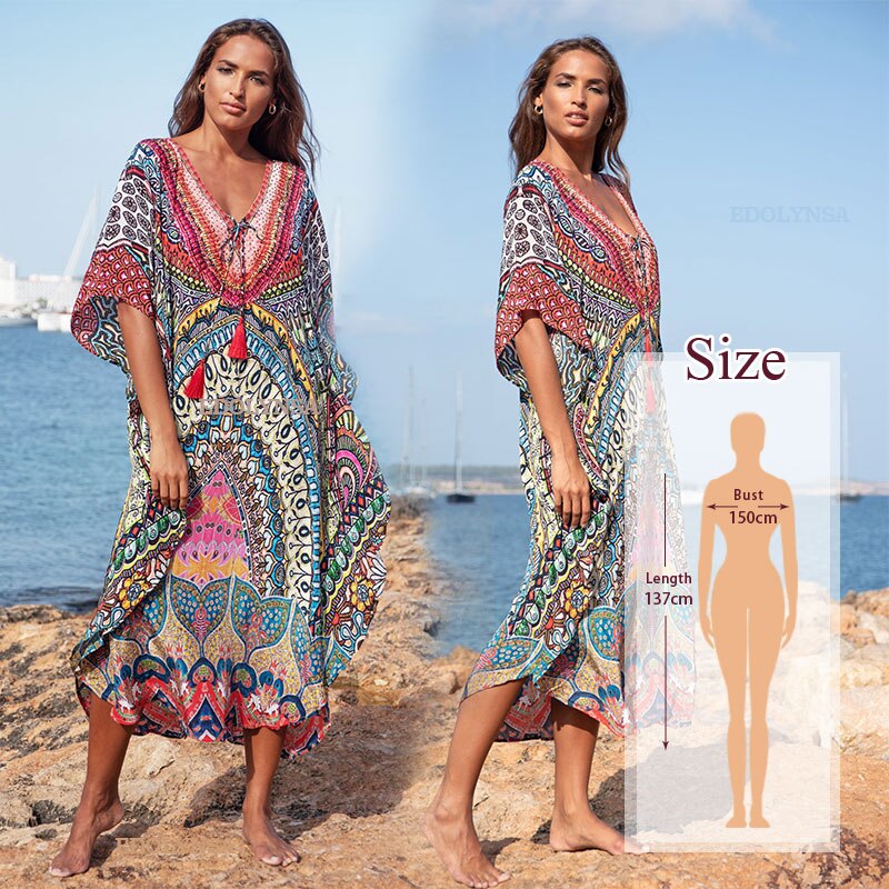 Marokkaanse Kaftan Bohemian Gedrukt Zomer Jurk Lange Katoenen Tuniek Vrouwen Plus Size Beach Wear Badpak Cover Up Robe de Plage