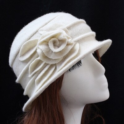 7 Colors Middle Aged Women Dome Fedora 100% Wool Hat Mom Hats For Autumn Winter Solid Floral Warm Floppy Hat Chapeau Femme: white