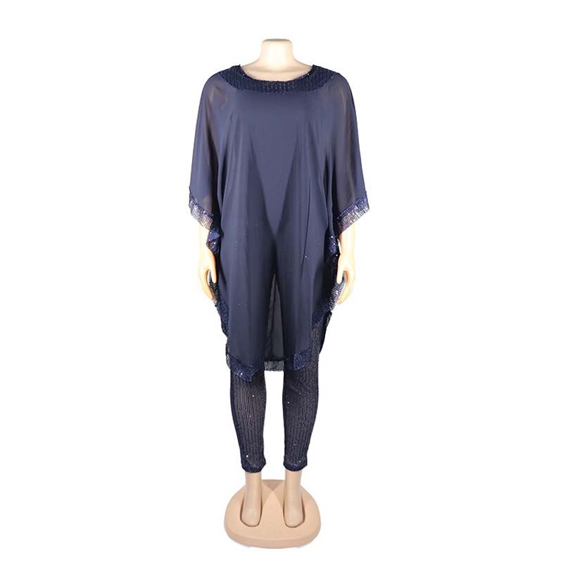Conjunto africano de dos piezas de gasa, conjunto de ropa Dashiki informal de dos piezas para mujer, Top de manga murciélago y pantalones de tubo de lentejuelas,: Blue / XXL