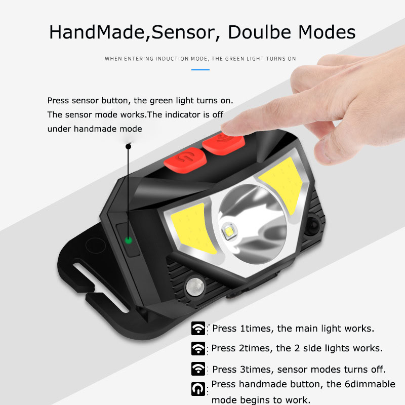 Usb genopladelig lommelygte cob led-lommelygte med sensor, pandelampe med 6 lystilstande og indbygget batteri