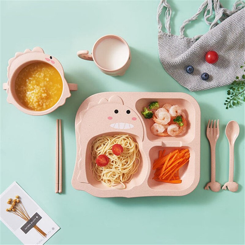 Vajilla para bebé, juego de 6 uds. De platos de cena para niños, tenedor de caricaturas para el hogar, platos de alimentación resistentes a las caídas para: Dinosaur pink set