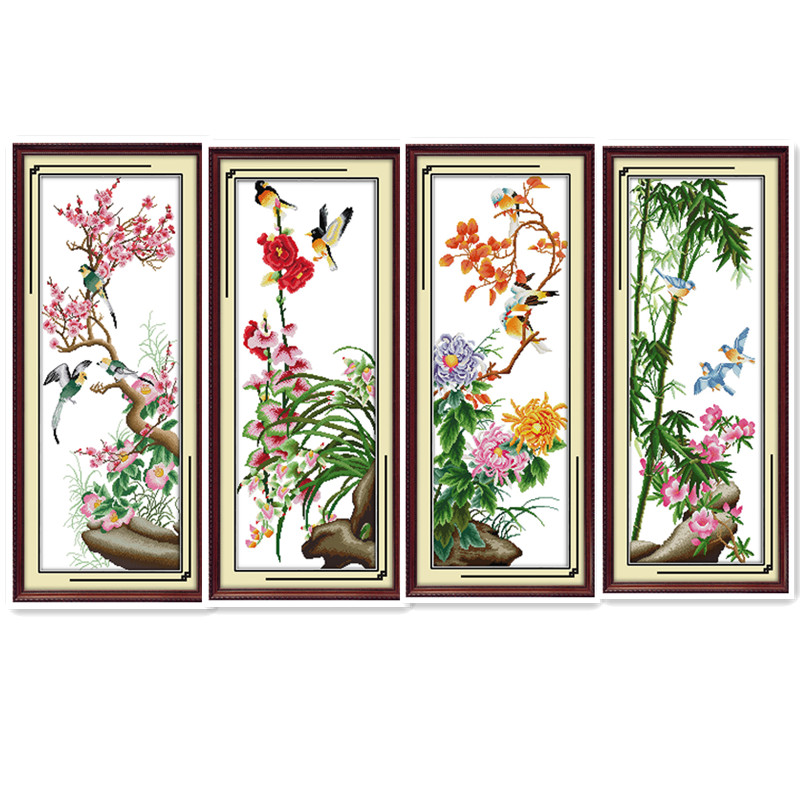 Chrysanthème de bambou rouge prune orchidée bleu | Fleur, broderie chinoise faite à la main, Kit point de croix, peinture décorative bricolage