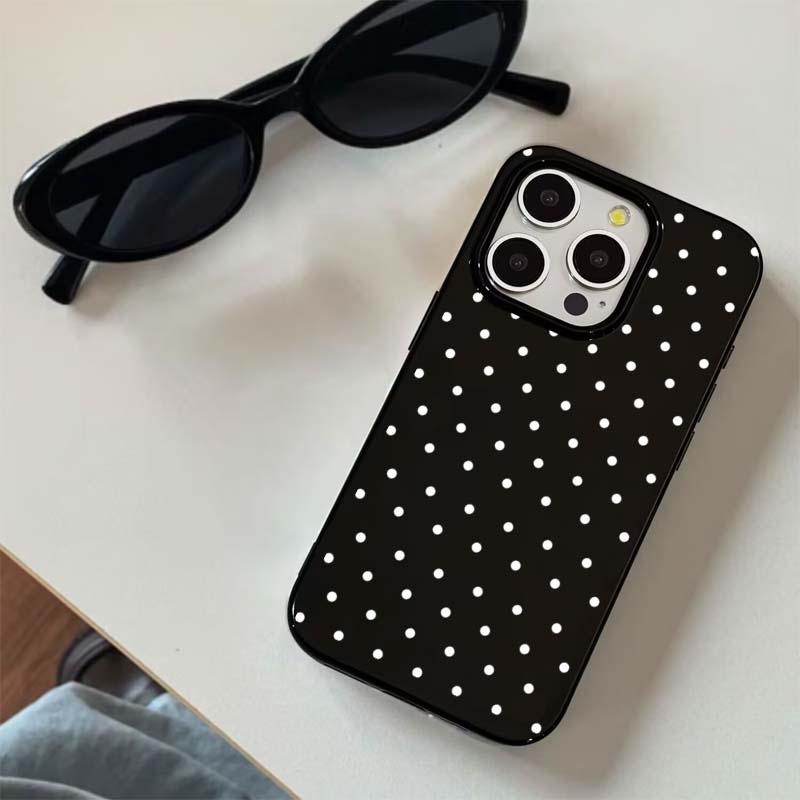 Korean INS White Polka-Dot Phone Case For iPhone 16 15 Plus 14 13 12 11 Pro Max X XR XS 16E 7 8 Plus Black Shockproof Soft Cover