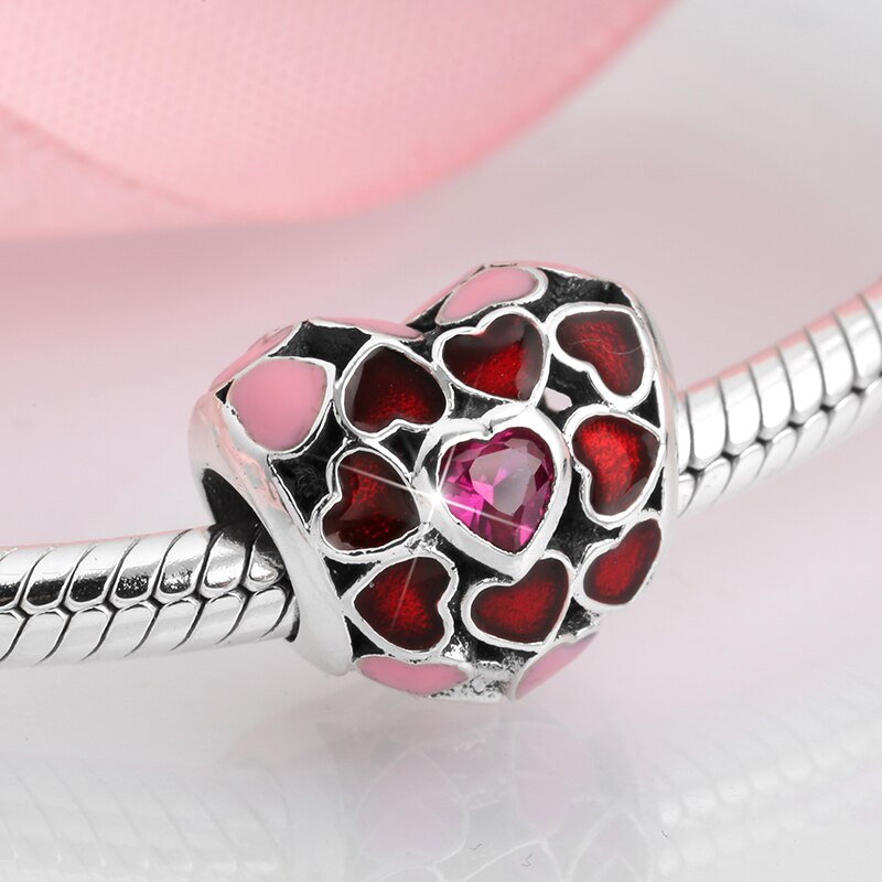 Vendita calda 925 sterlina d'argento rosso cuore zirconi Misura branelli Originale JIUHAO Pendenti E Ciondoli Dei Monili Del Braccialetto