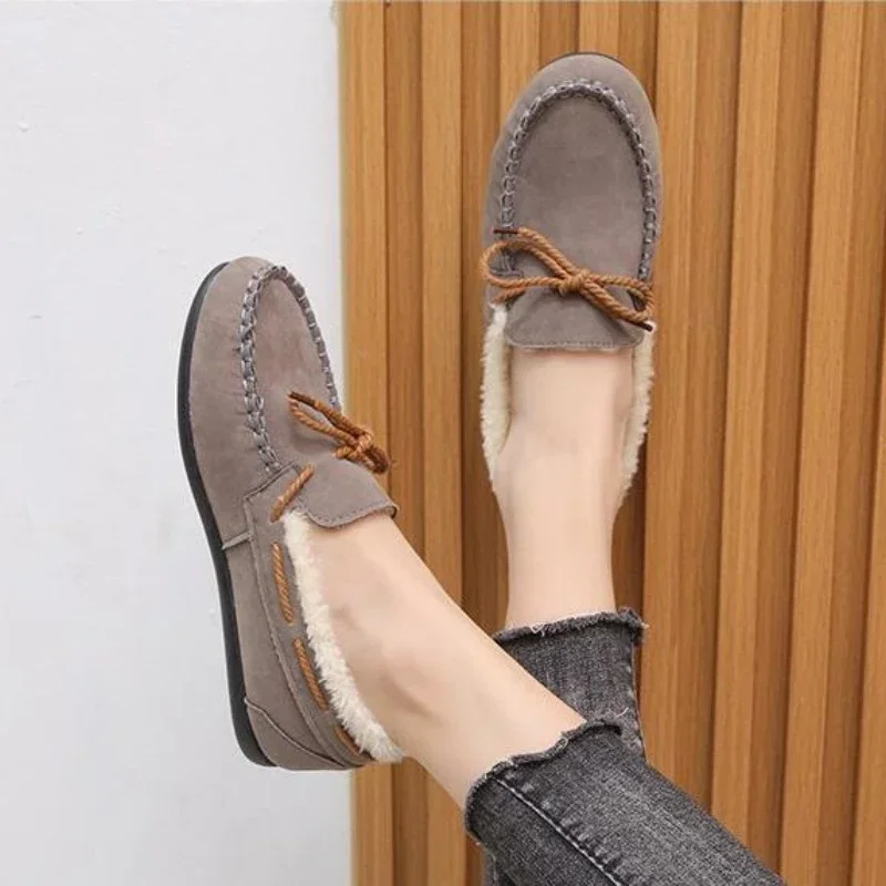 Vinterskor dam casual platta skor dammockasiner mjuka loafers komfort varma plysch rosett slip on dambomullsskor