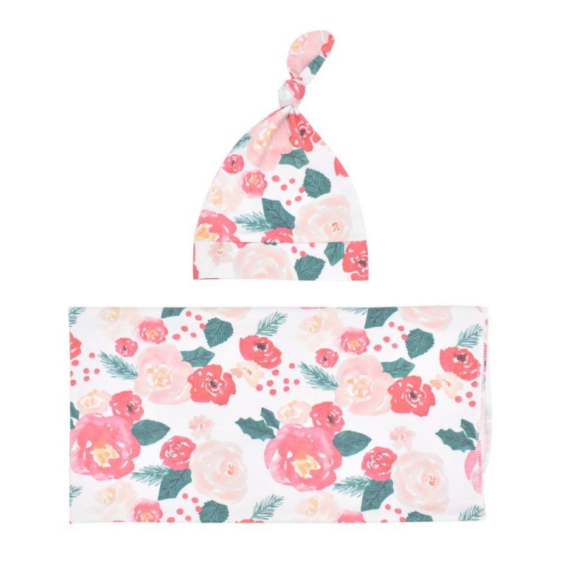 Baby Wraps Cotton Wraps Hat Set Cartoon Flower Printed Cotton Wraps Knotted Tire Cap Two-piece Set Receiving Blankets