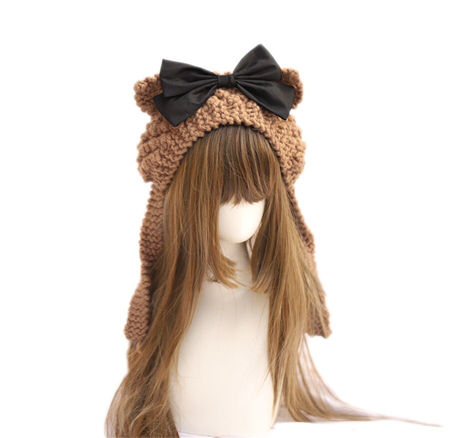 Handgemaakte Lolita Kawaii Meisje Kameel Beer Oor Met Strik Warme Wollen Muts Winter Ear Muff Gebreide Cap D559