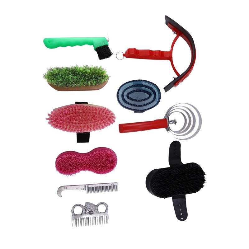 Hestestellesett 10 deler hestebørste hestevaskingsverktøy børste kamgrep sett