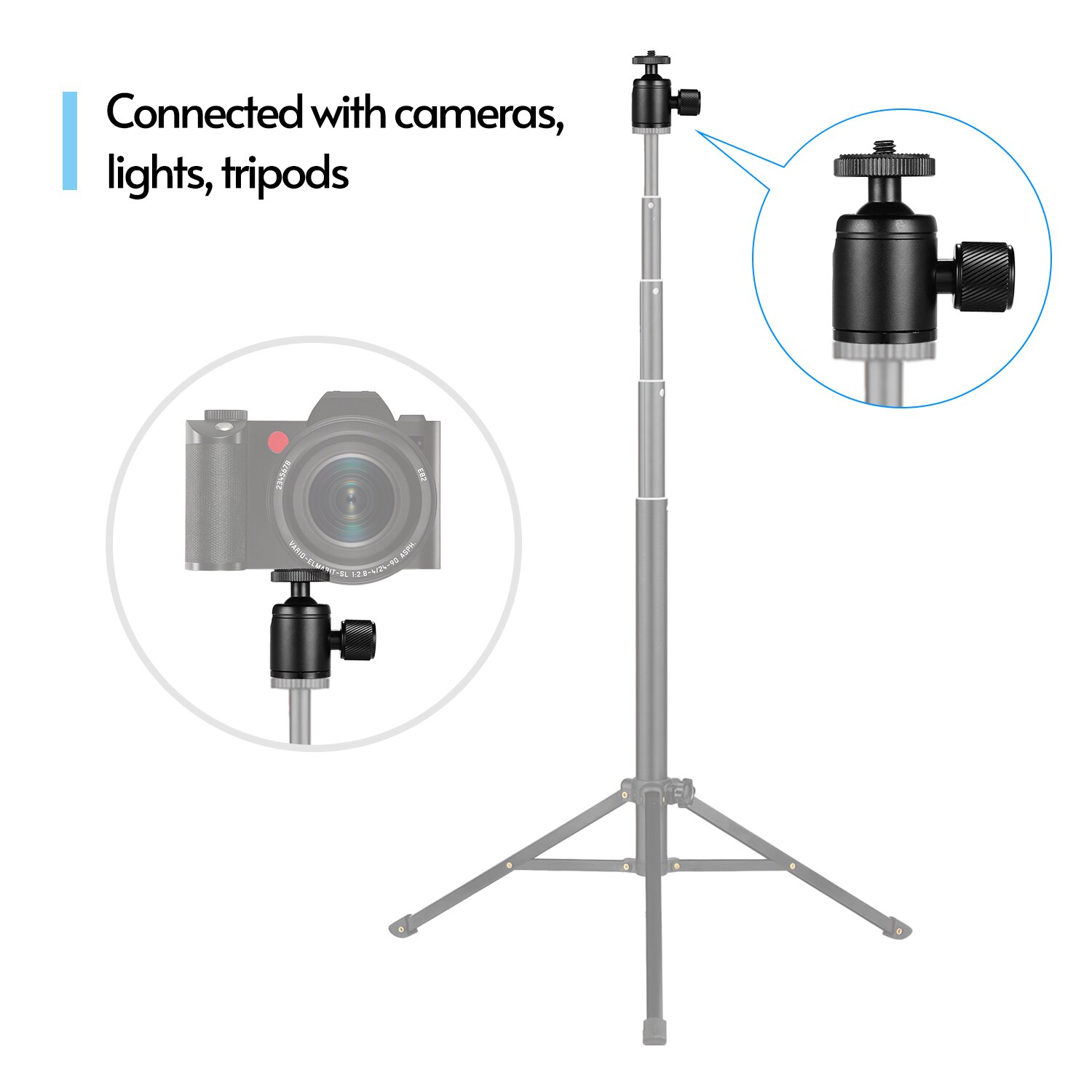 Mini Metal Tripod Head Adapter Ball Head Aluminum Alloy with 1/4 Inch Screw for Mobile Phone Camera LED Light Tripod Black