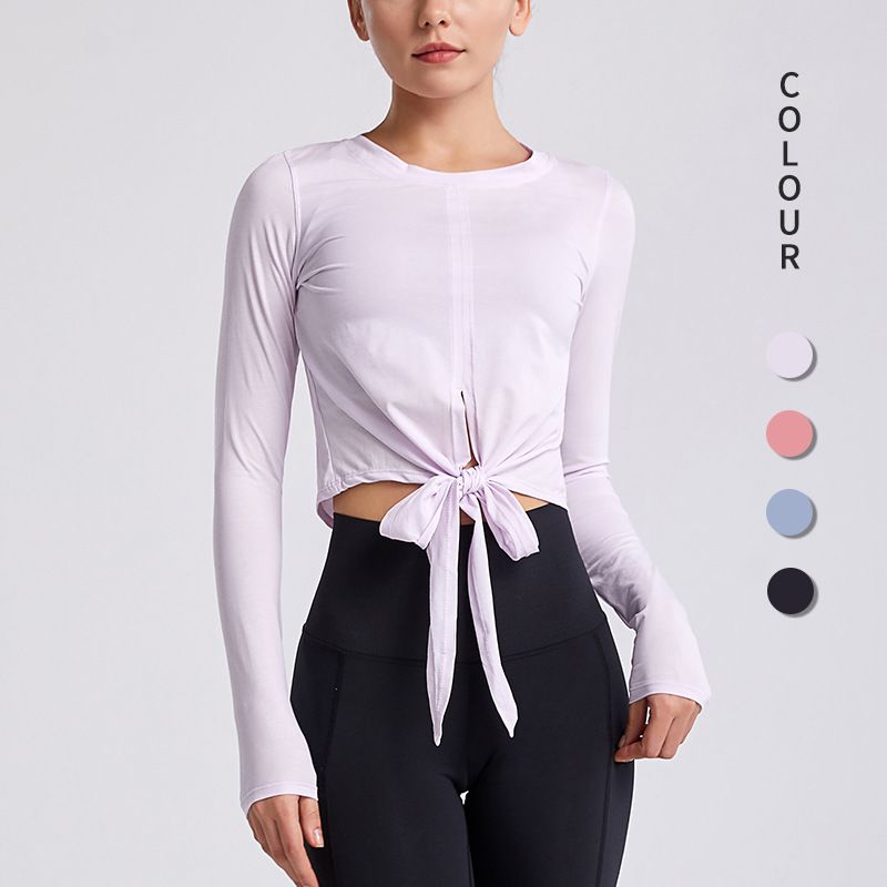 Damen-t-shirts für herbst und winter, geknotetes yoga-sporttop, dehnbar, dünn, schnelltrocknend, eng anliegend, lange ärmel, rundhalsausschnitt, trainingskleidung
