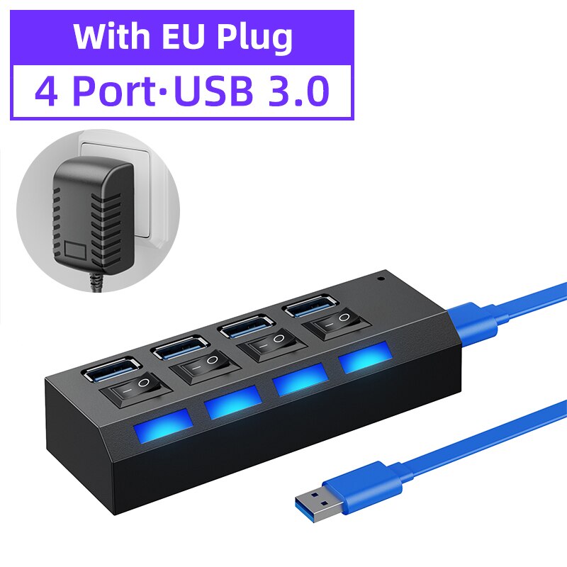 HUB USB 3.0 à plusieurs ports avec interrupteur, répartiteur pour PC, adaptateur d&#39;alimentation multiple USB 2.0: USB3.0 4Port With EU