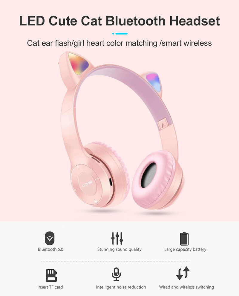 Cute Cat Ear Wireless Headphones Bluetooth Headset Foldable Stereo Headphone Gaming Earphones With Microphone For Laptop Phone