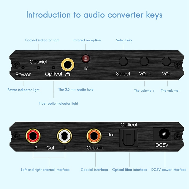 Digital to Analog Audio Converter 192KHz with Volume Control Bass Adjustment and Remote Control