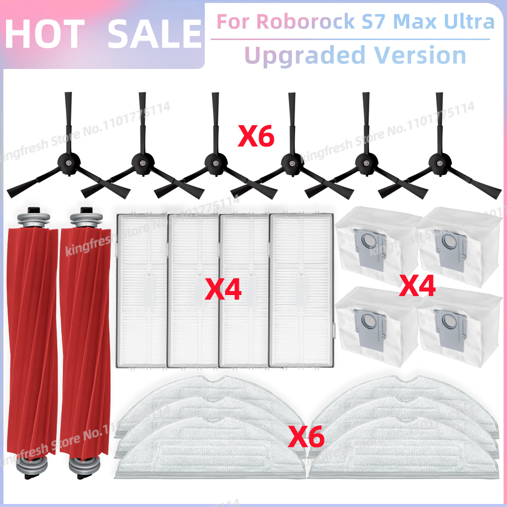 Compatible con Roborock S7 Max Ultra Q100TSC Partes de la Aspiradora Robotica Rodillo Principal Cepa Lateral Filtro HEPA Paño de Limpieza Bolsa de Polvo Replazo Accesorios