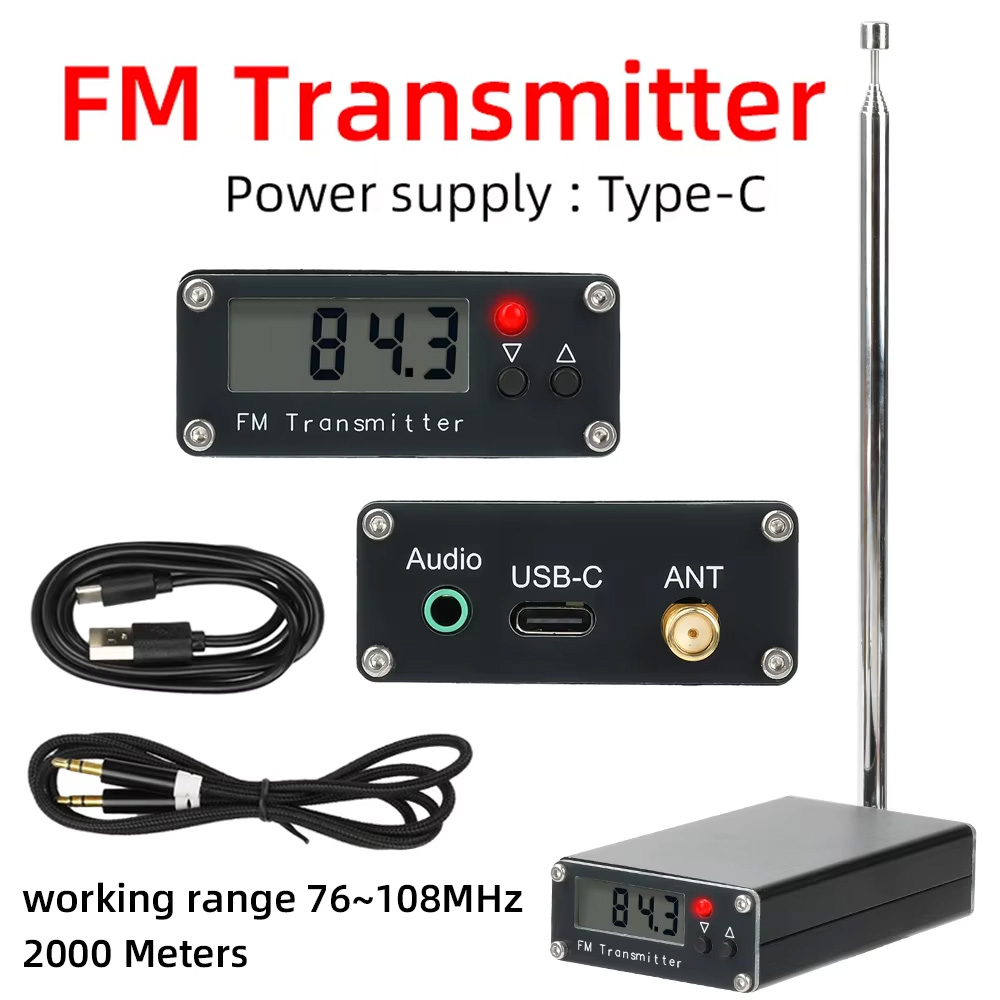 2000m fm-sender 76-108 mhz frekvensbånd 0.5w digital lcd-skjerm fm-sender lyd stereo 3.5mm grensesnitt usb type -c 5v
